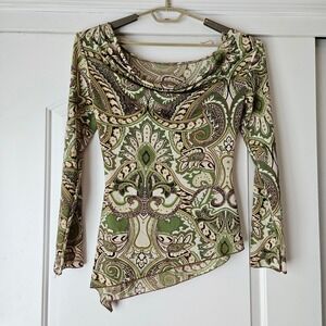 Vintage Y2K Maurices Top Cowl Neck Women Medium Green Fairy Asymmetrical Hippie